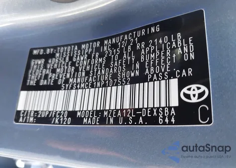 2022 Toyota Corolla Se z USA, uszkodzony, nr VIN 5YFS4MCE1NP107552